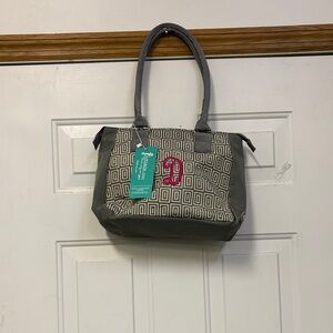 New Initial, Inc Gray/White Geometric Tote Bag has  D Embroidered on it